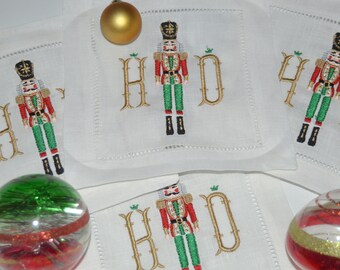 Nutcracker Linen Cocktail Napkins Personalized, Christmas Coasters, Hemstitched Napkins