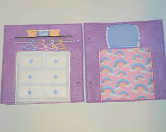 Felt Doll Bedroom with Bed and Dresser storage Felt Board, Travel Doll Busy Book Scene Page