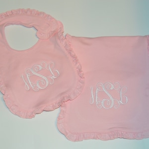 Personalized Pink Baby Girl Ruffle Bib and/or Burp Cloth  Quick Ship