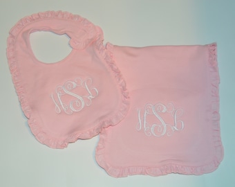 Personalized Pink Baby Girl Ruffle Bib and/or Burp Cloth  Quick Ship