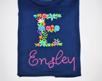 Personalized Girls Floral Initial Shirt, Monogrammed Flower Initial, Girls embroidered Shirt, Monogram Girls Shirt