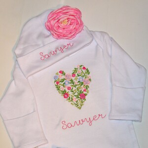 Newborn Baby Girl Floral Heart Gown and Hat with Flower Personalized