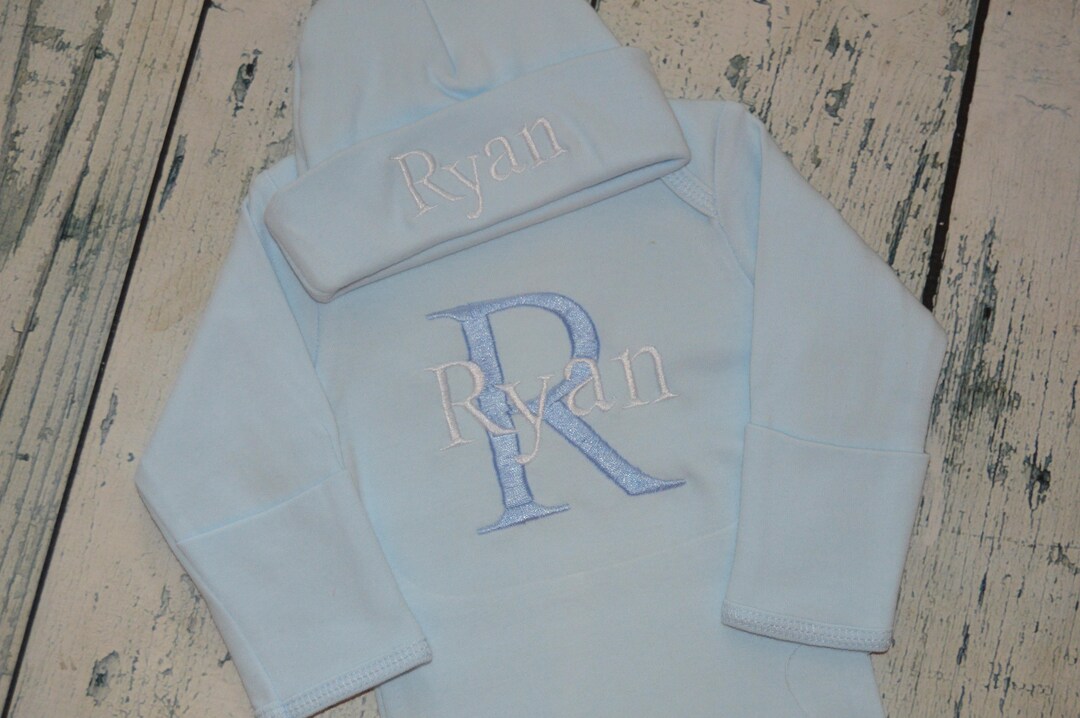 Personalized Baby Blue Newborn Gown and Cap, Baby Outfit Coming Home