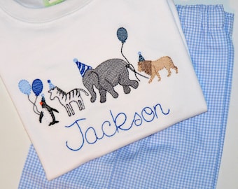 Personalized Boys Zoo Animal Birthday Parade Outfit or Shirt in Blues, Gingham Safari Birthday Party Monogrammed Shirt