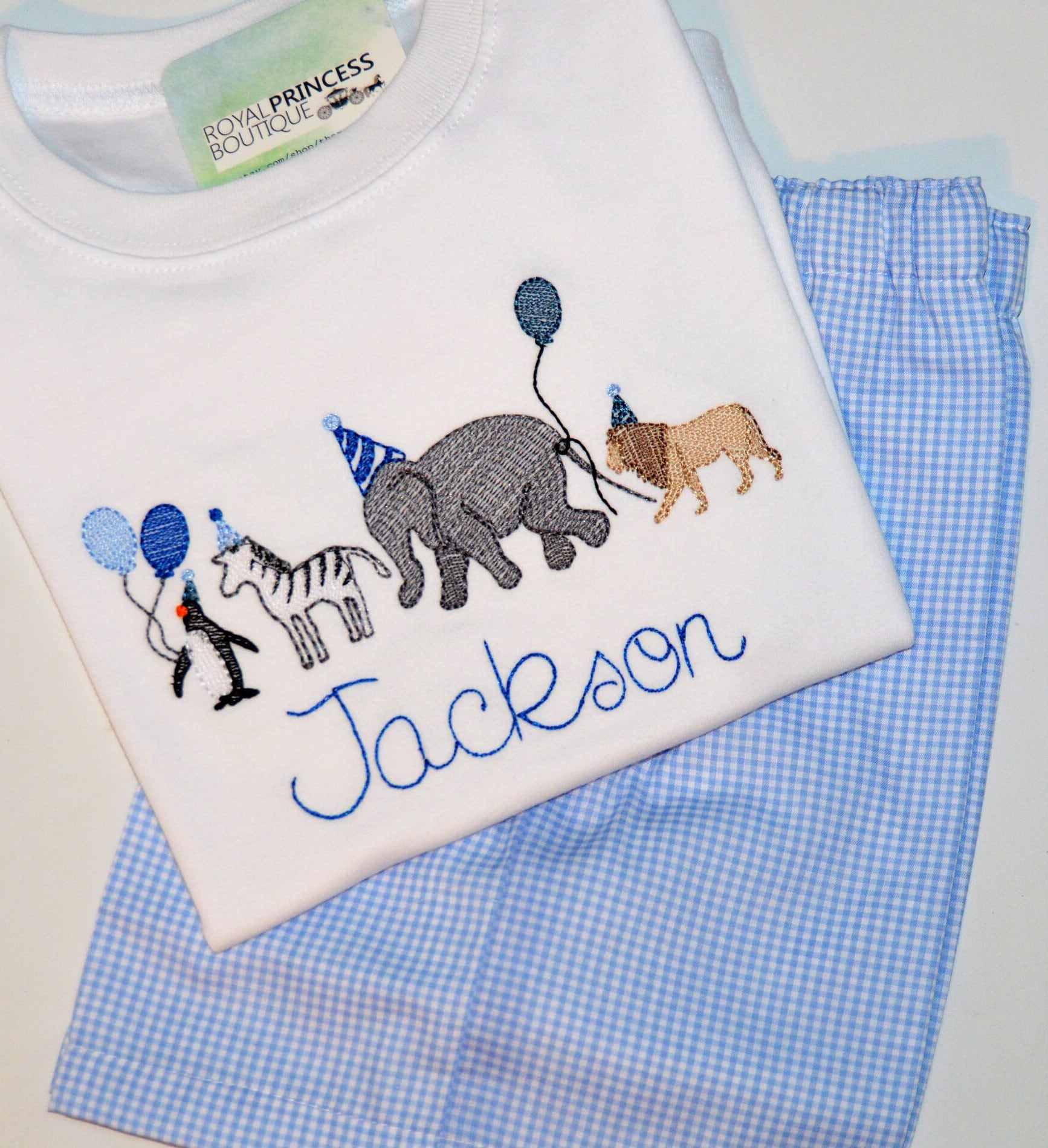 Personalized Boys Zoo Animal Birthday Parade Outfit or Shirt in Blues, Gingham Safari Birthday Party Monogrammed Shirt