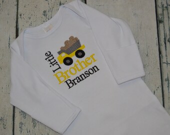 Personalized Little Brother Construction Gown or Bodysuit, Embroidered Little Brother Shirt, Newborn Baby Boy Outfit