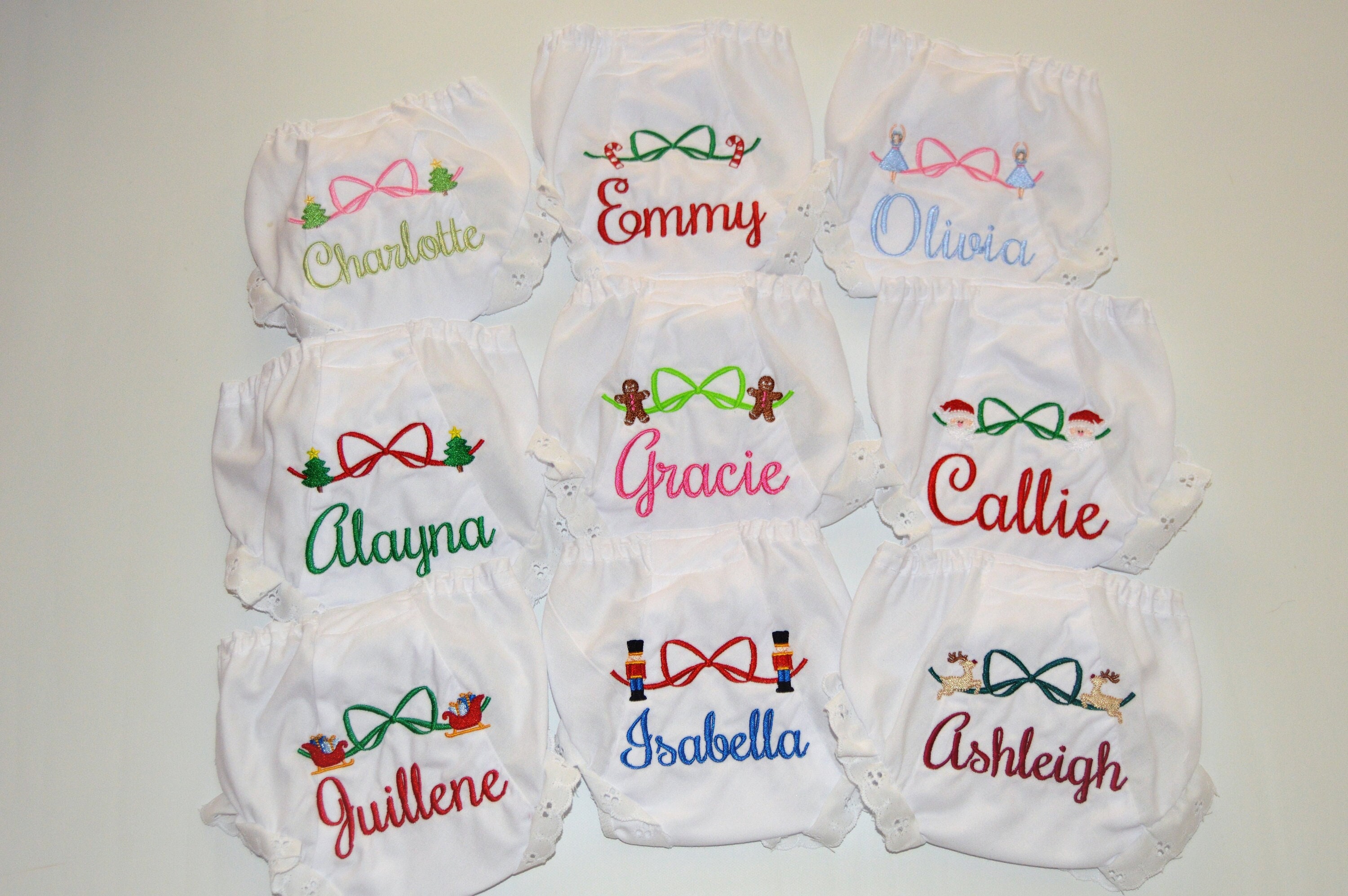 Personalized Christmas Baby Bloomers: Embroidered Bow Diaper Cover