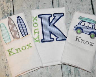 Personalized Boys Burp cloth Set of 3  Burpies  Monogrammed - Surfboard, Surfer Car, and Monogram