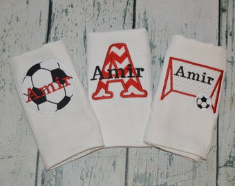 Personalized Soccer Burp cloth Set of 3 Monogrammed