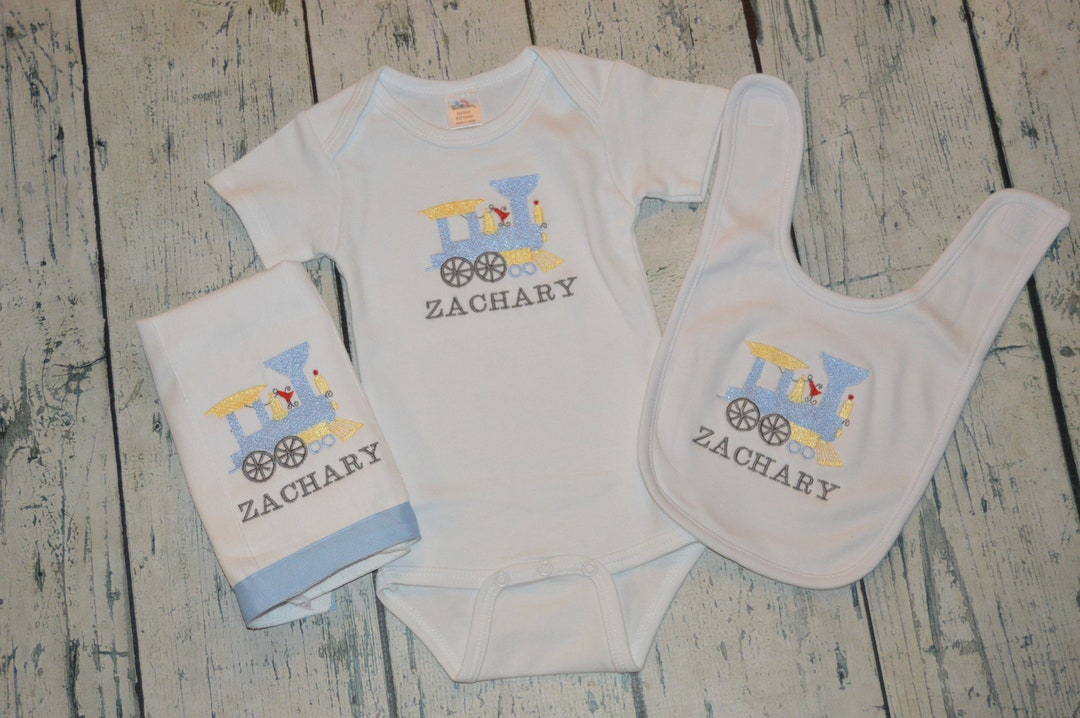 Personalized Baby Boy Train Outfit Gift Set Monogrammed Newborn Baby Boy, Personalized Newborn
