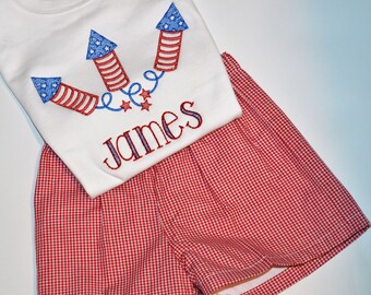 Personalized Patriotic Boys Outfit  Shirt and Short Set Fireworks Shirt