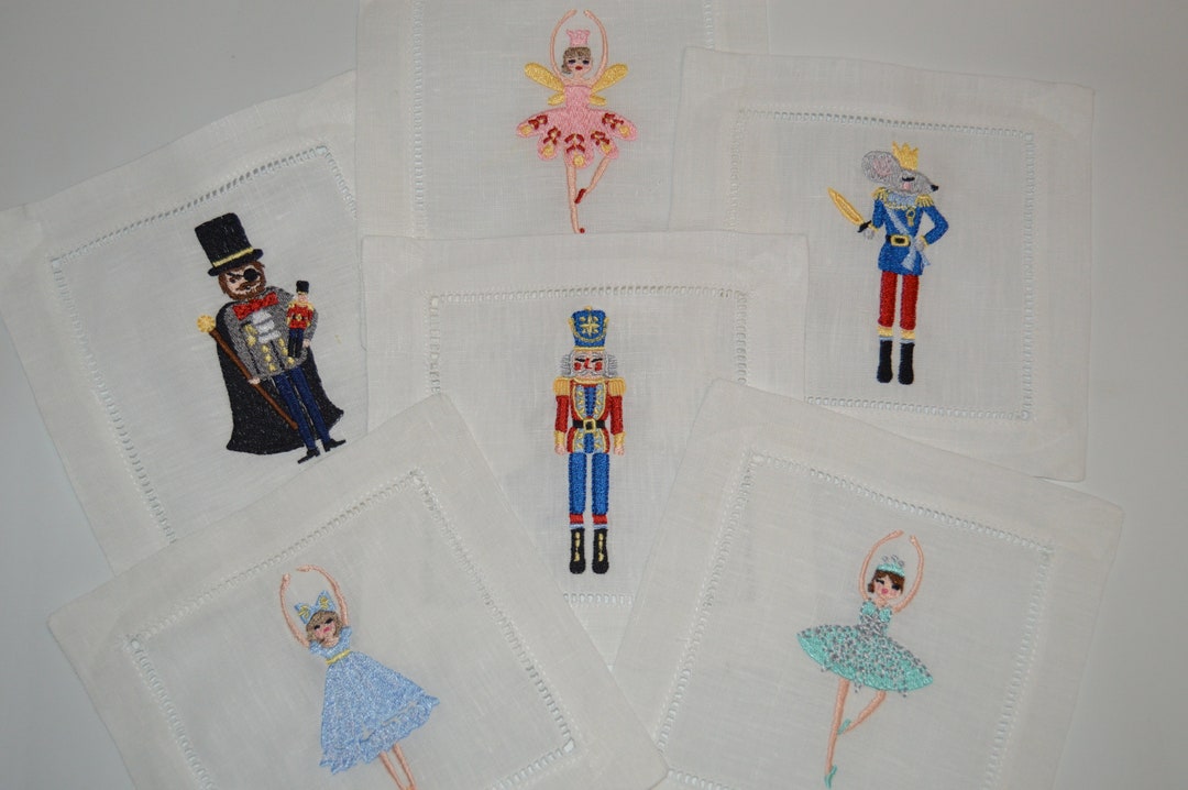 Nutcracker Ballet Linen Cocktail Napkins Set of 6 Hemstitched Napkins