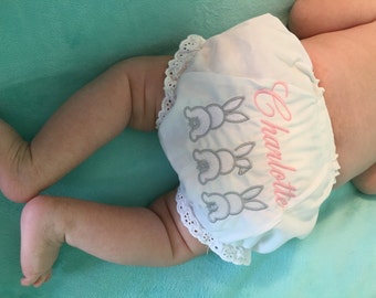 Personalized Easter Bunny Baby Bloomers, Girls Embroidered Diaper Cover