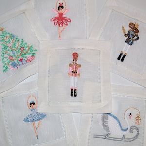 Pastel Nutcracker Ballet Linen Cocktail Napkins set of 6 Hemstitched Napkins