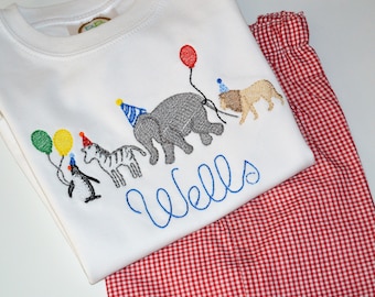 Personalized Boys Zoo Animal Birthday Parade Outfit or Shirt, Gingham Zoo Birthday Party Monogrammed Shirt