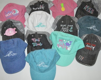 Womens Hat QUICK SHIP assorted designs, Distressed Cap, Beach Embroidered Hat, Dance Hat, Boat Hat, Mom Hat