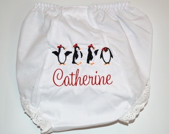 Monogram Penguin Baby Bloomers, Monogrammed Baby Winter Bloomers, Baby Girl Diaper Cover