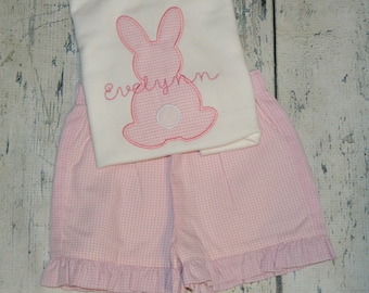 Personalized Girls Easter Outfit, Gingham Easter Bunny Monogrammed Shirt and Gingham Ruffle Short Set, Preppy Girls Easter Set