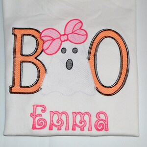 Personalized Halloween Ghost with Bow BOO Shirt, Halloween Baby Bodysuit Personalized, Girls Halloween Dress with Ghost