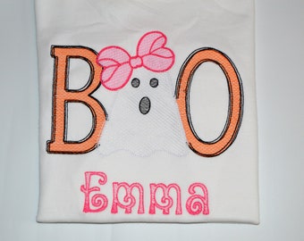 Personalized Halloween Ghost with Bow BOO Shirt, Halloween Baby Bodysuit Personalized, Girls Halloween Dress with Ghost