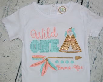 PERSONALIZED Sparkley Wild One Tribal Birthday Shirt   First Birthday Arrow Flower Glitter Teepee and Feather Arrow Shirt