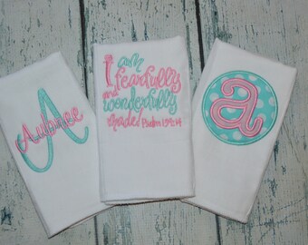 Personalized Monogram Burp cloth Set of 3  Burpies for Girls I am Fearfully and Wonderfully Made