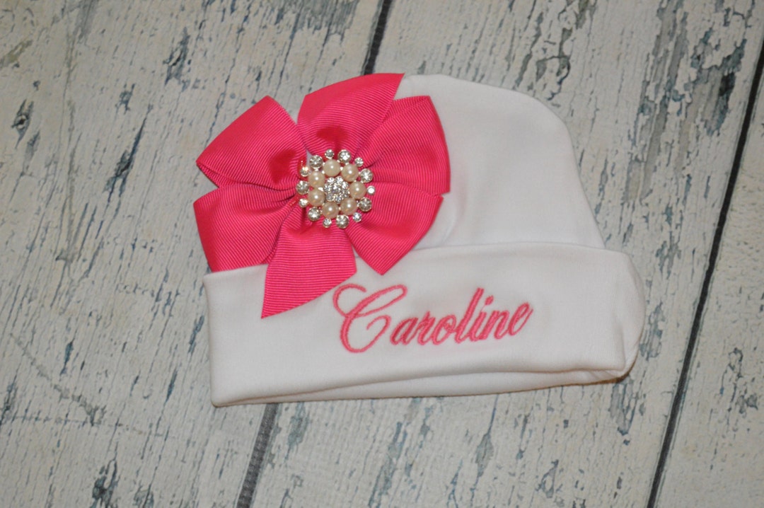 Personalized Newborn Baby Girl Hat With Bow and Rhinestone Center Monogrammed Newborn Beanie