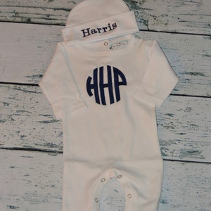 Personalized Baby Sleeper Romper and Cap set, Monogrammed Newborn Baby Boy Coming Home Outfit image 1