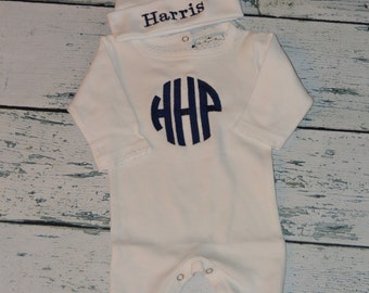 Personalized Baby Sleeper Romper and Cap set,  Monogrammed Newborn Baby Boy Coming Home Outfit
