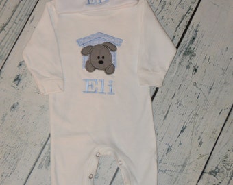 Personalized Puppy Baby Sleeper Romper and Hat set  MONOGRAM