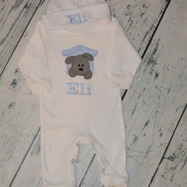 Personalized Puppy Baby Sleeper Romper and Hat set  MONOGRAM