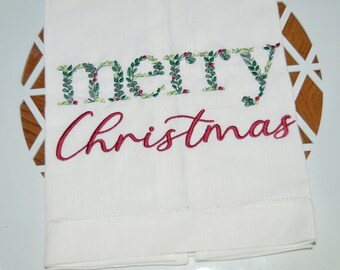 Embroidered Linen Merry Christmas Guest Towel: Holiday Greenery