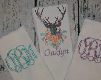 Personalized Deer Flowers  Burp cloth Set of 3  Burpies for Baby Girls Monogram Burp Cloth