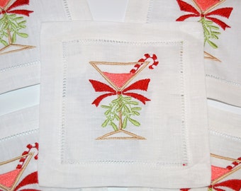 Embroidered Christmas Candy Cane Martini Cocktail Party Linen Napkin Set of 4