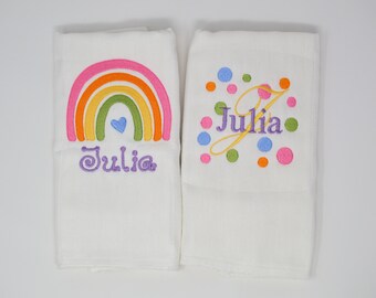 Personalized Girls Rainbow and Polka Dots Burp Cloth Set of 2