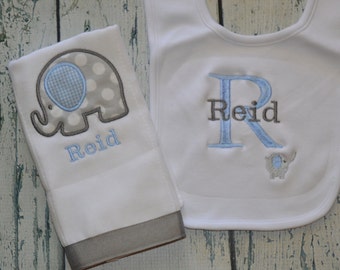 Personalized Elephant Bib and Burp cloth Set Monogrammed