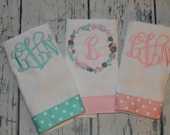 Personalized Monogram Burp cloth Set of 3  Burpies for Girls Flower Monogram Burp Cloth