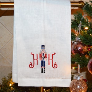 Monogrammed Nutcracker Linen Guest Towel, Linen Hemstitched Tea Towel for Christmas Fingertip Towel