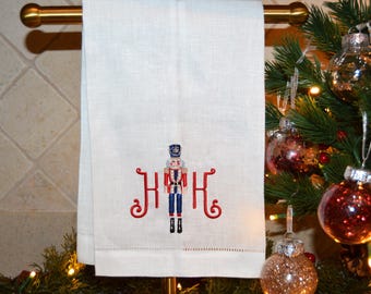 Monogrammed Nutcracker Linen Guest Towel, Linen Hemstitched Tea Towel for Christmas Fingertip Towel