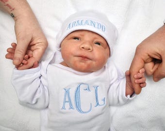 PERSONALIZED Newborn Baby Boy Gown and Cap set,  QUICK SHIP Monogrammed Baby Boy Coming Home Outfit,  baby boy outfit