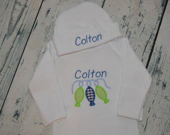 PERSONALIZED Fish on String Infant Gown Hat set  baby Layette MONOGRAM