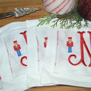 Monogrammed Linen Cocktail Napkins, Monogram Nutcracker Cocktail Napkins, Christmas Coasters, Hemstitched Napkins, Personaized Linen