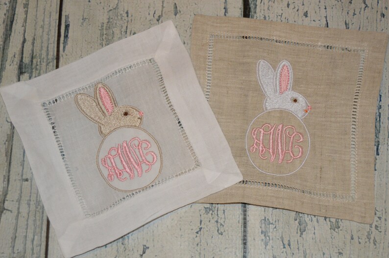 Personalized Easter Bunny Linen Cocktail Napkins Monogram Etsy