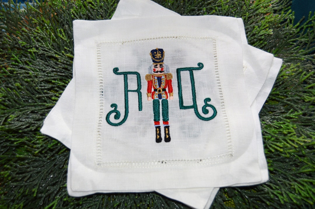 Personalized Nutcracker Embroidered Linen Cocktail Napkins, Christmas