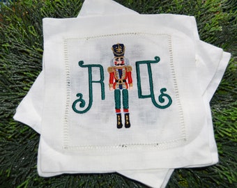 Personalized Nutcracker Embroidered Linen Cocktail Napkins, Christmas Coasters, Hemstitched Napkins, Monogrammed Christmas Cocktail