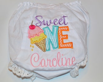 Sweet One Ice Cream Baby Bloomers with Name - Birthday Ice Cream Party - Girls 1st Birthday Diaper Cover