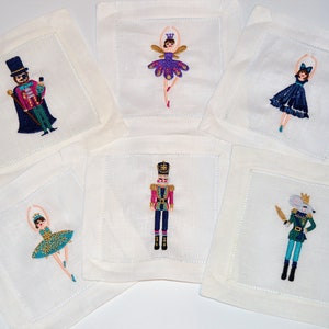 Nutcracker Ballet Linen Cocktail Napkins set of 6 Jewel Tone Hemstitched Embroidered Napkins