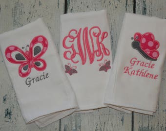 Personalized Butterfly Baby Girl Burp Cloth Set of 3, Monogrammed Girls Burp Cloths