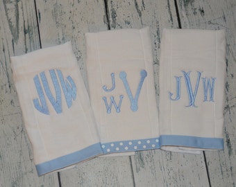 Personalized  Burp cloth Set of 3  Burpies  Monogrammed - Custom Colors and Fonts You Design