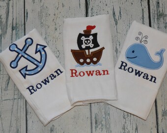 Personalized Boys Burp cloth Set of 3 Monogrammed Pirate Ship Whale and Anchor Set
